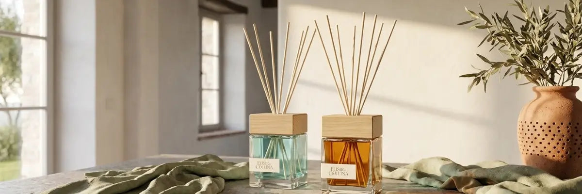 Diffusore d'ambiente a bastoncini in un interno toscano per scegliere la fragranza per interni.