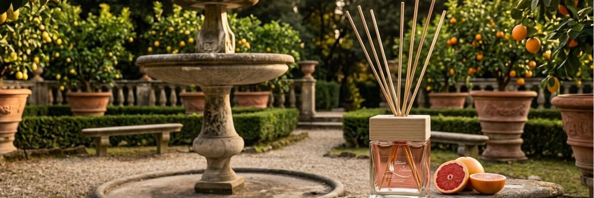 Profumatore ambiente Agrumorosa Fiorentino di Elisir di Collina su una panchina in pietra nel Giardino di Boboli a Firenze, circondato dagli agrumi storici della collezione medicea in vasi di terracotta. Atmosfera premium lifestyle toscana.