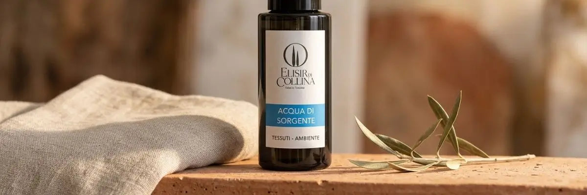 Profumatore spray per ambienti e tessuti in un elegante interno in stile toscano.