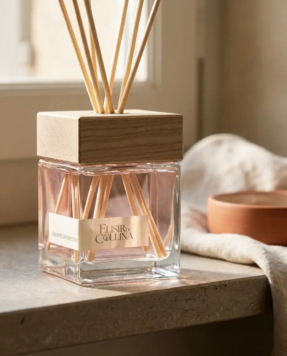 Profumatore d'ambiente con fragranza delicata Agrumorosa Fiorentino con bastoncini in rattan su ripiano di un bagno elegante