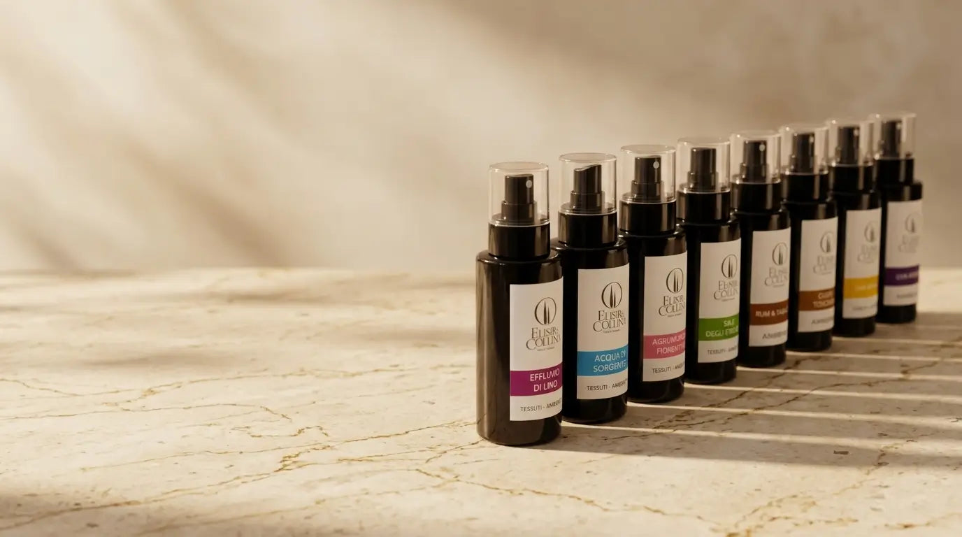 L'immagine rappresenta 8 flaconi spray neri con etichetta bianca, logo Elisir di Collina, nome della fragranza e utilizzo per ambiente o per tessuti Immagine realizzata con ausilio di intelligenza artificiale che rappresenta il prodotto reale.