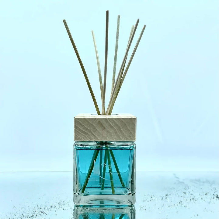 Profumatore d’ambiente Acqua di Sorgente con bastoncini in legno e flacone blu trasparente riflesso su superficie bagnata